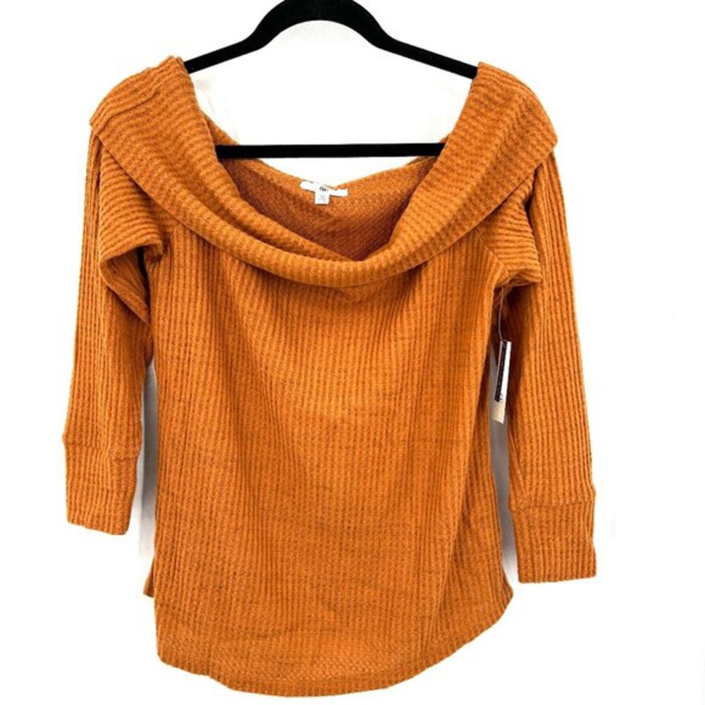 New BP. rust honey brown waffle knit off the shoulder top neutral Fall BTS L NWT